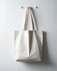 A Simple, White Canvas Tote Bag Hanging on a White Wall