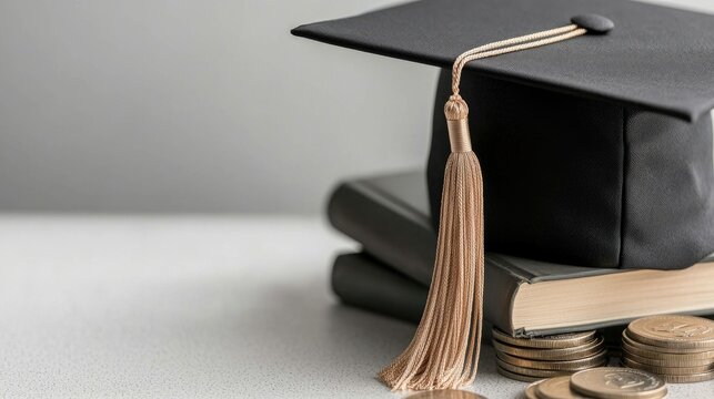 Educational investment: Cost of higher education depicted with graduation cap, books stack of coins, financial commitment of tuition fees, potential for future earnings through academic achievement