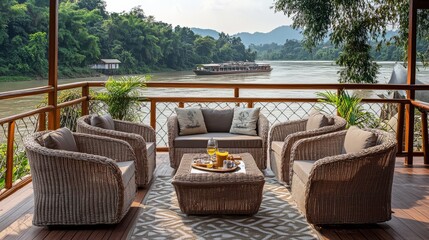 Outdoor patio with wicker furniture set overlooking a serene river and lush greenery. Perfect for relaxation and nature-filled retreat.