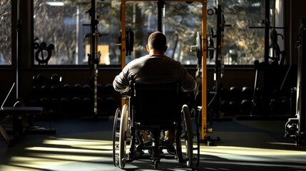 Obraz premium Person in a wheelchair in a gym, facing exercise equipment with determination. Sunlight streams through the window.