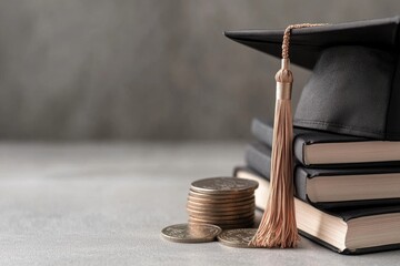 Educational investment: Cost of higher education depicted with graduation cap, books stack of coins, financial commitment of tuition fees, potential for future earnings through academic achievement