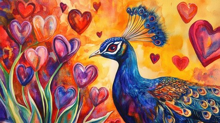 Obraz premium Peacock and Hearts Watercolor Painting