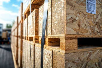 Obraz premium Stacked Plywood Crates Secured with Black Straps