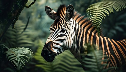 Majestic zebra amidst lush jungle ferns in stunning macro portrait, showcasing the beauty of wildlife and the allure of the wild predator