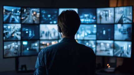 Security professional monitoring multiple screens in dark control room with surveillance footage, demonstrating modern security technology in action.