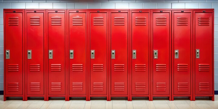 Bright red school lockers in a row , education, school, lockers, classroom, red, bright, metallic, organized