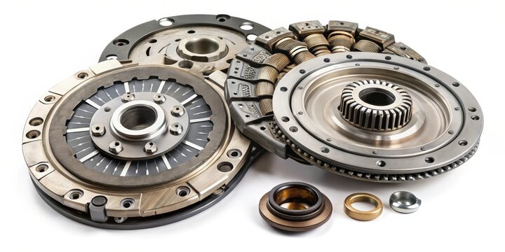 Disassembled tractor clutch with broken parts , clutch, tractor, disassembled, mechanical, broken, machinery, parts, maintenance
