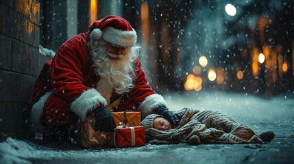 A heartwarming Christmas image of kneeling Santa Claus placing a wrapped gift next to a poor...