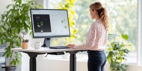 Woman standing at adjustable desk in bright office with plants using computer, symbolizing ergonomic productivity. Workplace health concept