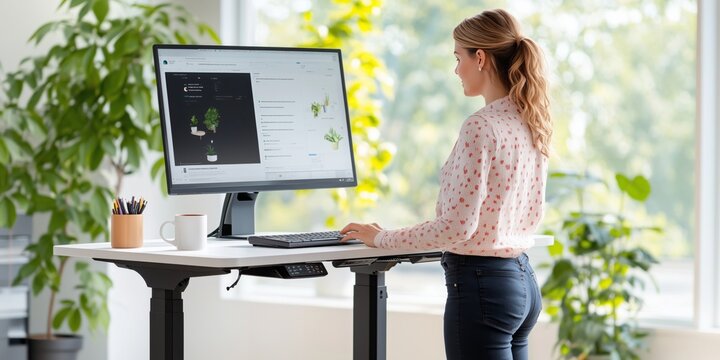 Woman standing at adjustable desk in bright office with plants using computer, symbolizing ergonomic productivity. Workplace health concept - Powered by Adobe