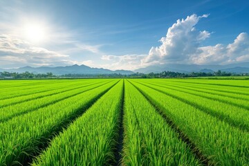 A lush rice paddy field with neat, under a bright, sunny sky, green rows stretching into the horizon , ai