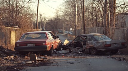 Obraz premium Two abandoned, wrecked cars on a narrow urban street filled with debris, surrounded by leafless trees and power lines.