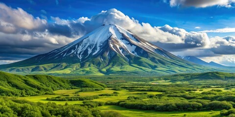Fototapeta premium View of the Vilyuchinsky volcano overlooking lush green landscape in Kamchatka, Russia, Vilyuchinsky, volcano, Kamchatka, Russia