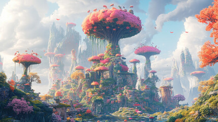 fantasy landscape colorful trees mountains clouds nature vibrant surreal pink foliage dreamlike scenic magical beautiful idyllic outdoor whimsical serene lush sky forest 