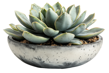 A beautifully detailed image of a green Echeveria succulent, planted in a stylish, round ceramic pot. 