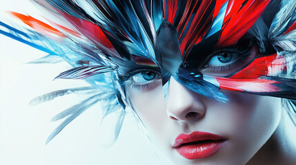 woman beauty makeup fashion portrait fantasy creative art feathers colorful face design artistic vibrant model blue eyes theatrical dramatic headdress avant-garde 