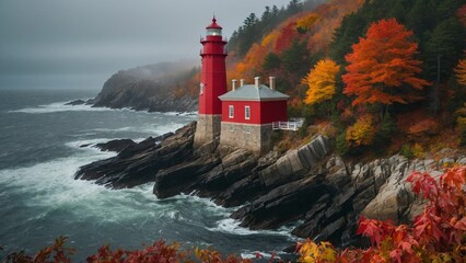 Lighthouse on the coast, autumn landscape with red lighthouse on the rocks and waves crashing on the shore 