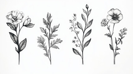 flower plant botanical illustration sketch art nature black and white floral design line art vintage drawing graphics greenery herb decorative asterisk flower leaf petals
