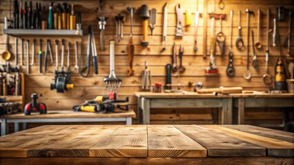 Empty wooden table in the foreground, blurred background with carpenter's tools on the wall, wood, table, carpenter