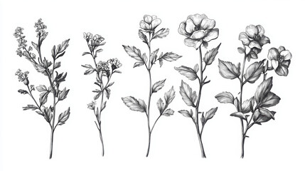 flower botanical illustration art nature plant sketch design greenery flora drawing monochrome black and white stems leaves detailed vintage artwork floral arrangement 