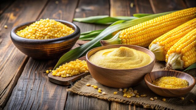 Close up of making yellow corn mush for curu and corn cake on rustic kitchen table, yellow corn, mush, preparing, curu