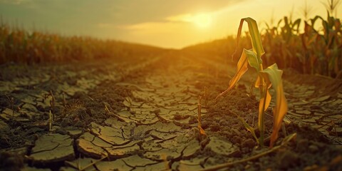 Corn field in a drought stricken landscape with cracked ground and dry soil due to hot weather The impact of global warming is evident in the poor harvest and environmental challenges leadin