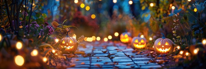 Fototapeta premium Luminous garden pathway featuring bright patio lights and cheerful Halloween pumpkin lanterns.