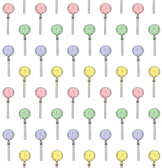 Vector seamless pattern of different color hand drawn sketch doodle lollipop isolated on white background