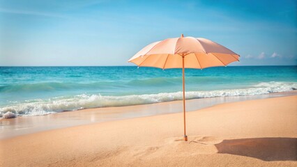 Pastel peach beach umbrella standing in the sand, pastel, beach, umbrella, sand, summer, vacation, relaxation, seaside