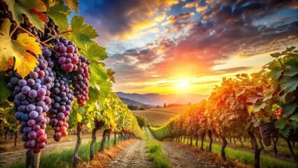 Naklejka premium Vibrant vineyard at sunset with ripe grapes ready for harvest in autumn, grapevines, vineyard, sunset, autumn