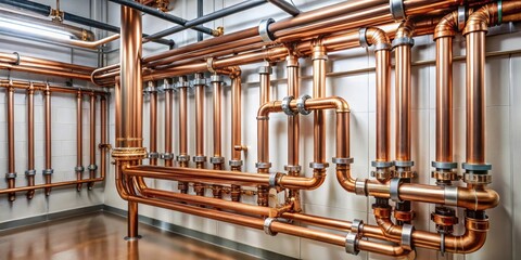 Copper pipeline of a heating system in boiler room, copper, pipeline, heating system, boiler room, metal