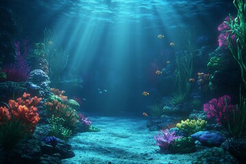 Obraz premium Vibrant underwater scene with colorful corals and playful fish swimming in blue waters.