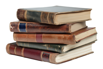 A large stack of vintage hardcover books with worn covers, various textures, and colors isolated on white background.