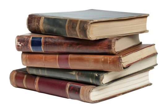 A large stack of vintage hardcover books with worn covers, various textures, and colors isolated on white background.