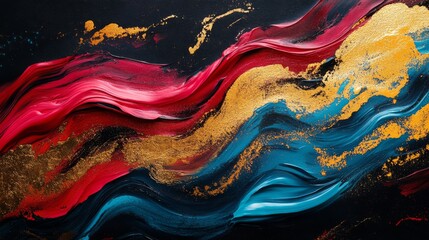 Abstract Painting with Red, Blue, and Gold Swirls on Black Canvas