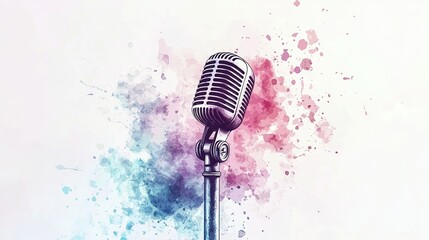 Fototapeta premium A classic microphone stands against a vibrant splash of colors, symbolizing music, performance, and creativity in art.