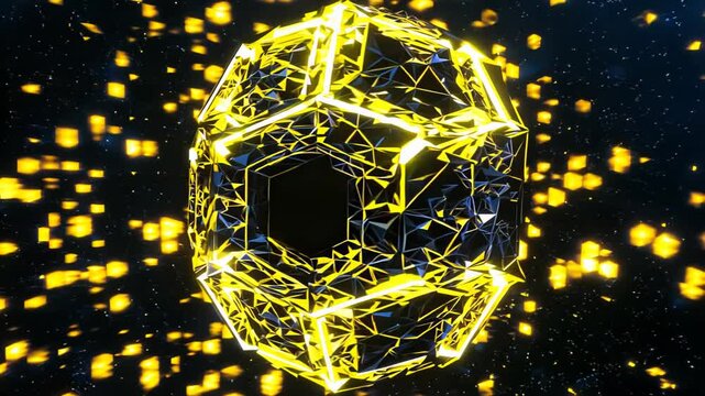 Intricate four-dimensional tesseract rotating in void space. Electric yellow geometric network contrasts against obsidian black background. 