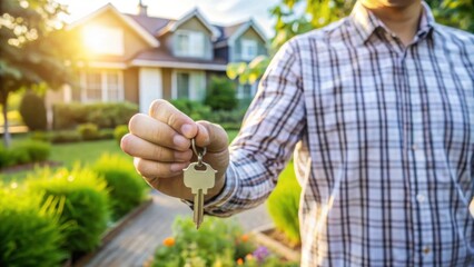 Man holding house keys in front of garden background , keys, house, man, garden, background, real estate, ownership