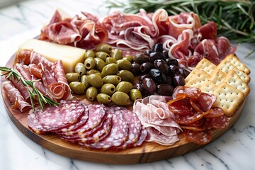 Obraz premium elegant charcuterie board with a variety of cured meats, cheeses, olives, and crackers
