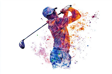 Vibrant watercolor illustration of a golfer in action, capturing the dynamic movement and energy of the sport.