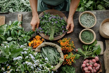 Fototapeta premium Garden-to-table concept, featuring fresh herbs, vegetables, and edible flowers harvested from a backyard garden.