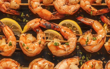 Juicy grilled shrimp skewers with a squeeze of lemon, glistening with marinade, outdoor grill...