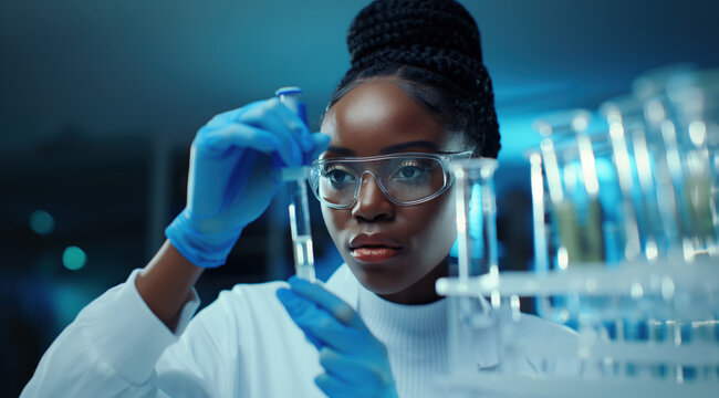 Medical bio laboratory, Research, Science test technology. Pharmaceutical lab specialist examines medicine vials, hospital patient samples. Medical student conducts research. Realistic style photo - Powered by Adobe