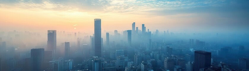 Fototapeta premium City skyline with morning haze, Monday morning, urban awakening