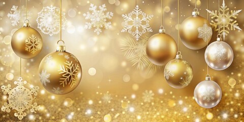 Christmas ornaments on gold background with snowflakes , holiday, festive, decoration, baubles, shiny, metallic, xmas