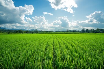 Fototapeta premium A lush rice paddy field with neat, under a bright, sunny sky, green rows stretching into the horizon , ai