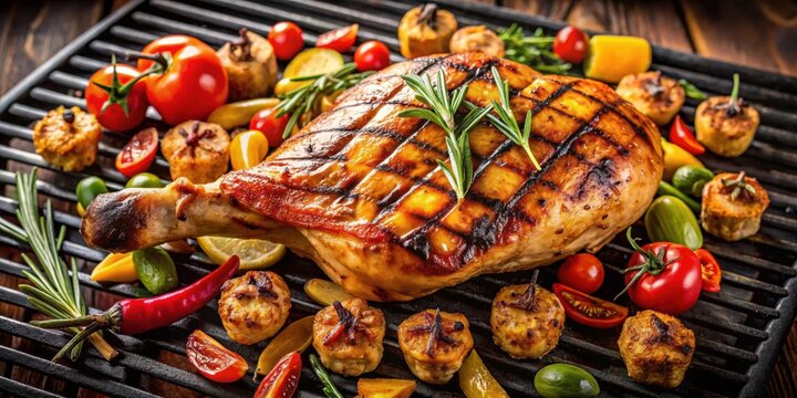 Grilled chicken on a barbecue with a side of roasted vegetables, pollo en brasas, parrillada, pollo al horno, grilled, BBQ, meat