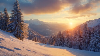 Majestic sunrise in the winter mountains landscape