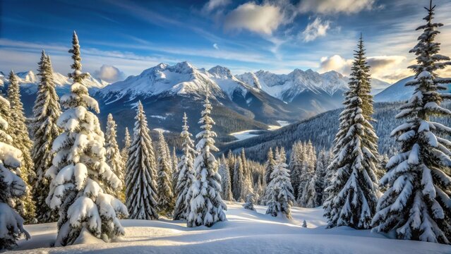 Snow-covered trees on a mountainside with a view of Blackcomb Mountain , Snowy, mountain, trees, view, Blackcomb Mountain