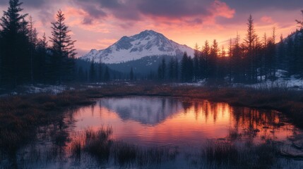 Fototapeta premium Mountain Peak Reflection in Calm Pond at Sunset